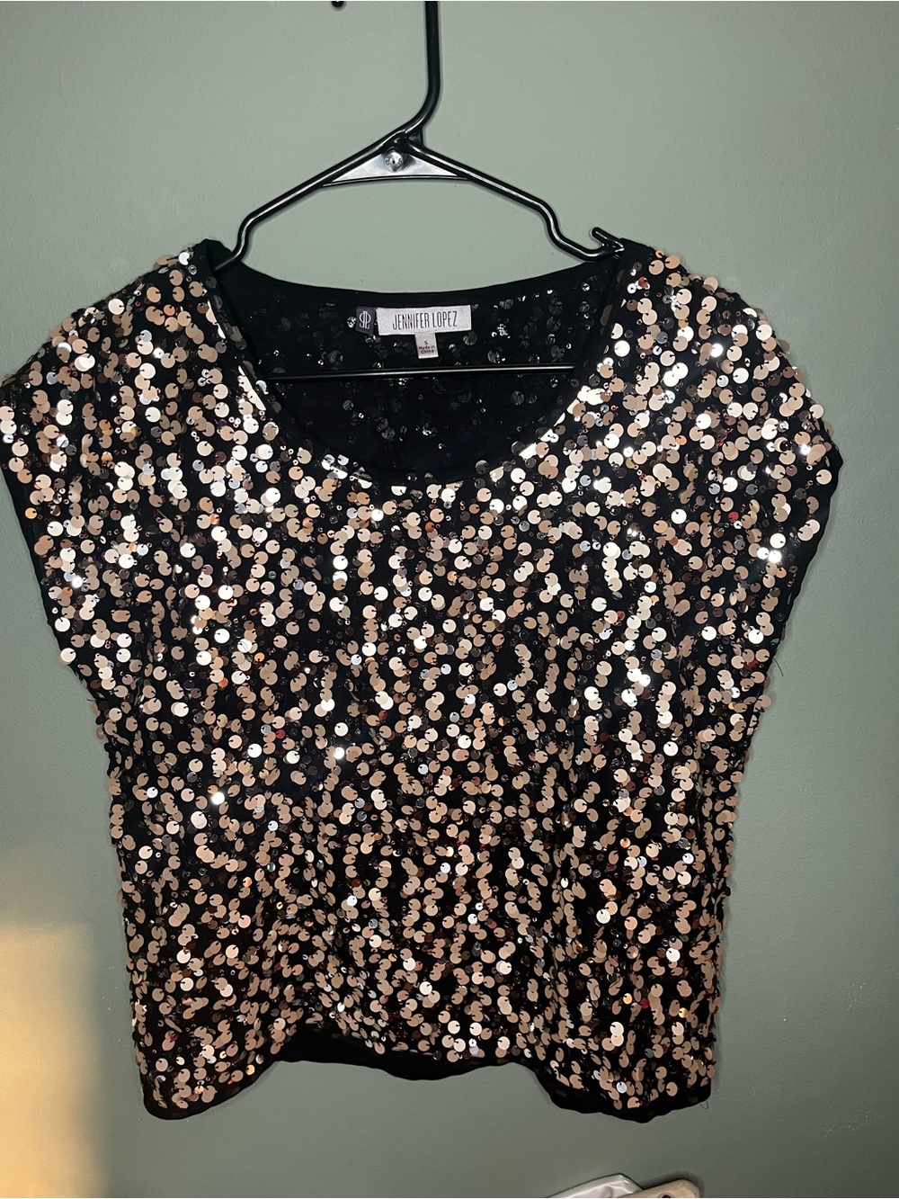 Jennifer Lopez Black Tee with Rose-Gold Sequins